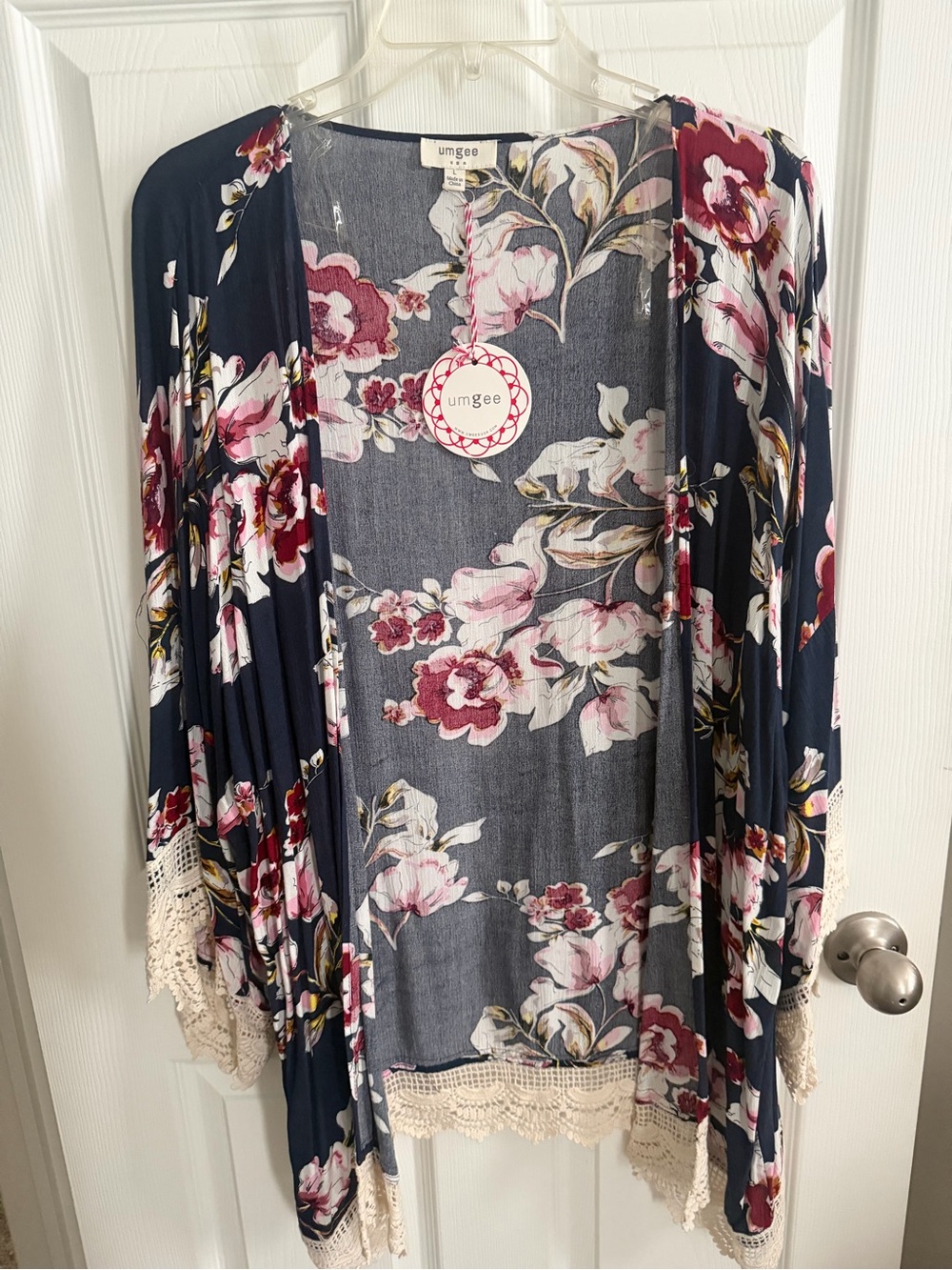 Umgee Navy Floral Open-Front Kimono with Crochet Trim